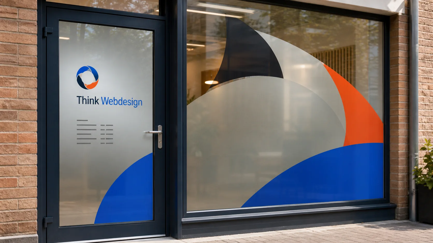 Voorbeeld van raam- en deurbelettering in de huisstijl van Think Webdesign